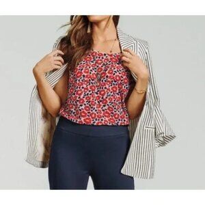 CAbi Flipside Floral Chiffon Top Size XS Sleeveless Ruffle Back Red Blue Office